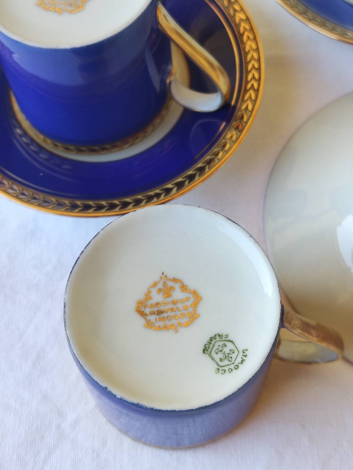 3 royal blue and gold cups and saucers - Royal Limoges porcelain