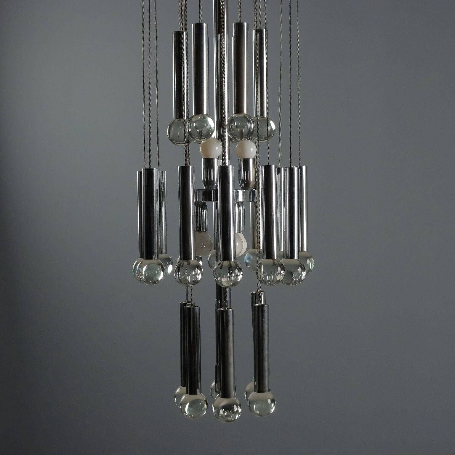 Vintage Italian chandelier, chrome-plated metal and glass design, original