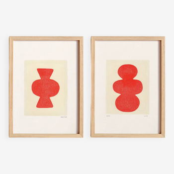 Deux peintures abstraites sur papier - clio et venus - rouge vif - signées Eawy