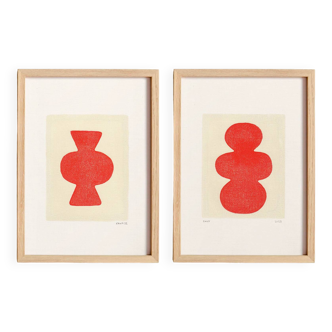 Deux peintures abstraites sur papier - clio et venus - rouge vif - signées Eawy