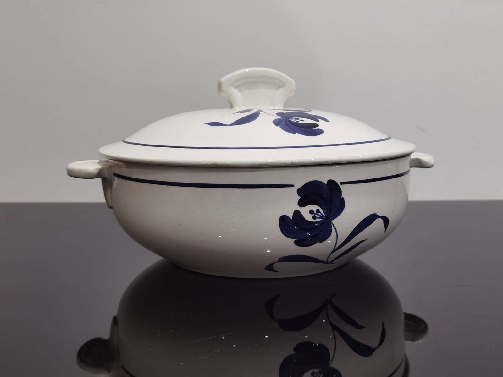 Old earthenware tureen with blue flower, Moulin des loups and hamage France, model