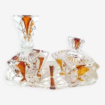 Art Deco Perfume Bottle, Pot and Tray in Transparent and Amber Glass