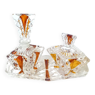 Art Deco Perfume Bottle, Pot and Tray in Transparent and Amber Glass