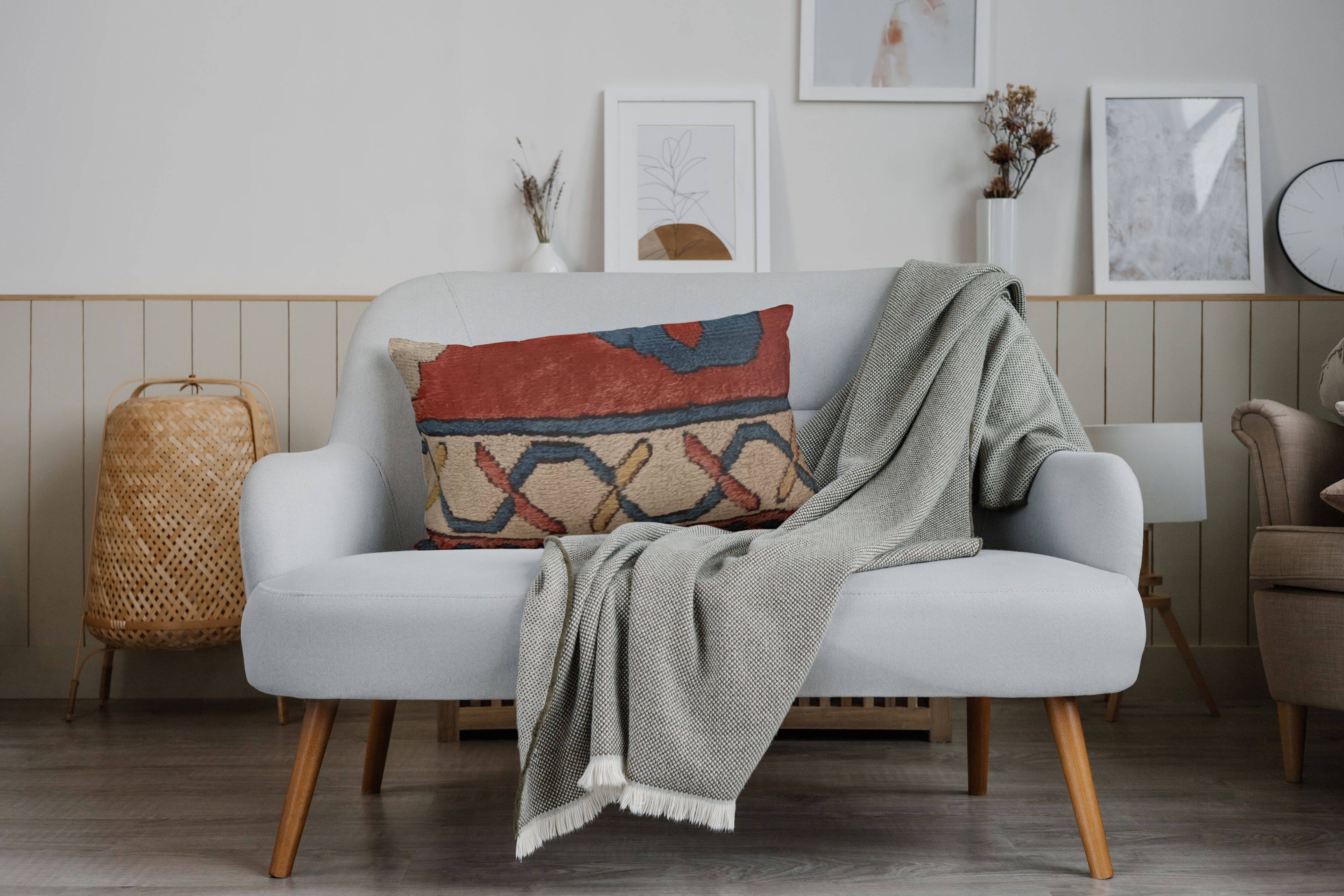 Vintage Cushion Cover in Long Pile Carpet, Turkish Geometric Pattern, 30 x 50 cm