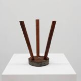 Brutalist French solid oak tripod stool with metal rim, 1850s