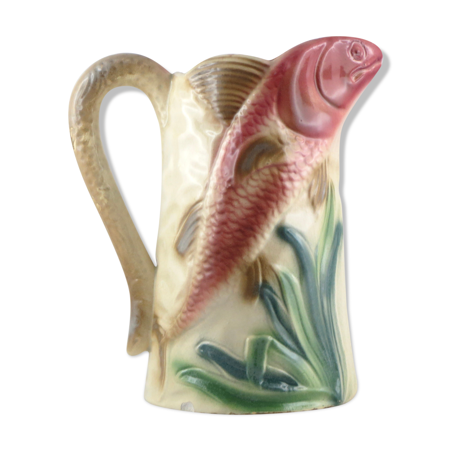 Former pichet barbotine clairefontaine "the poissons" majolica jug fish 19th