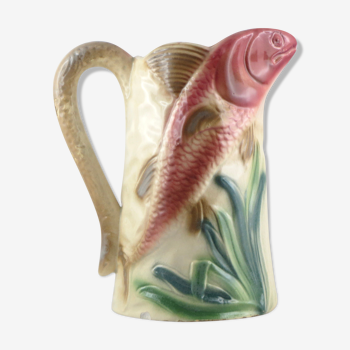 Former pichet barbotine clairefontaine "the poissons" majolica jug fish 19th