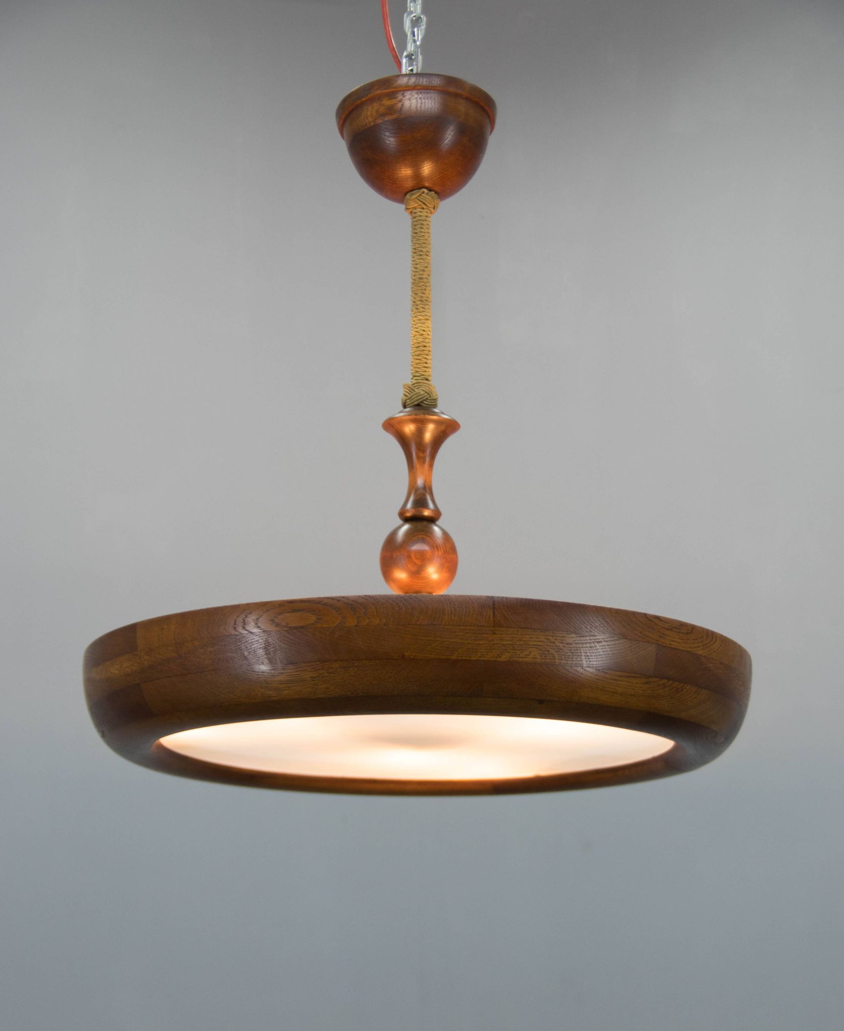 Large wooden art deco ufo chandelier, 1930s