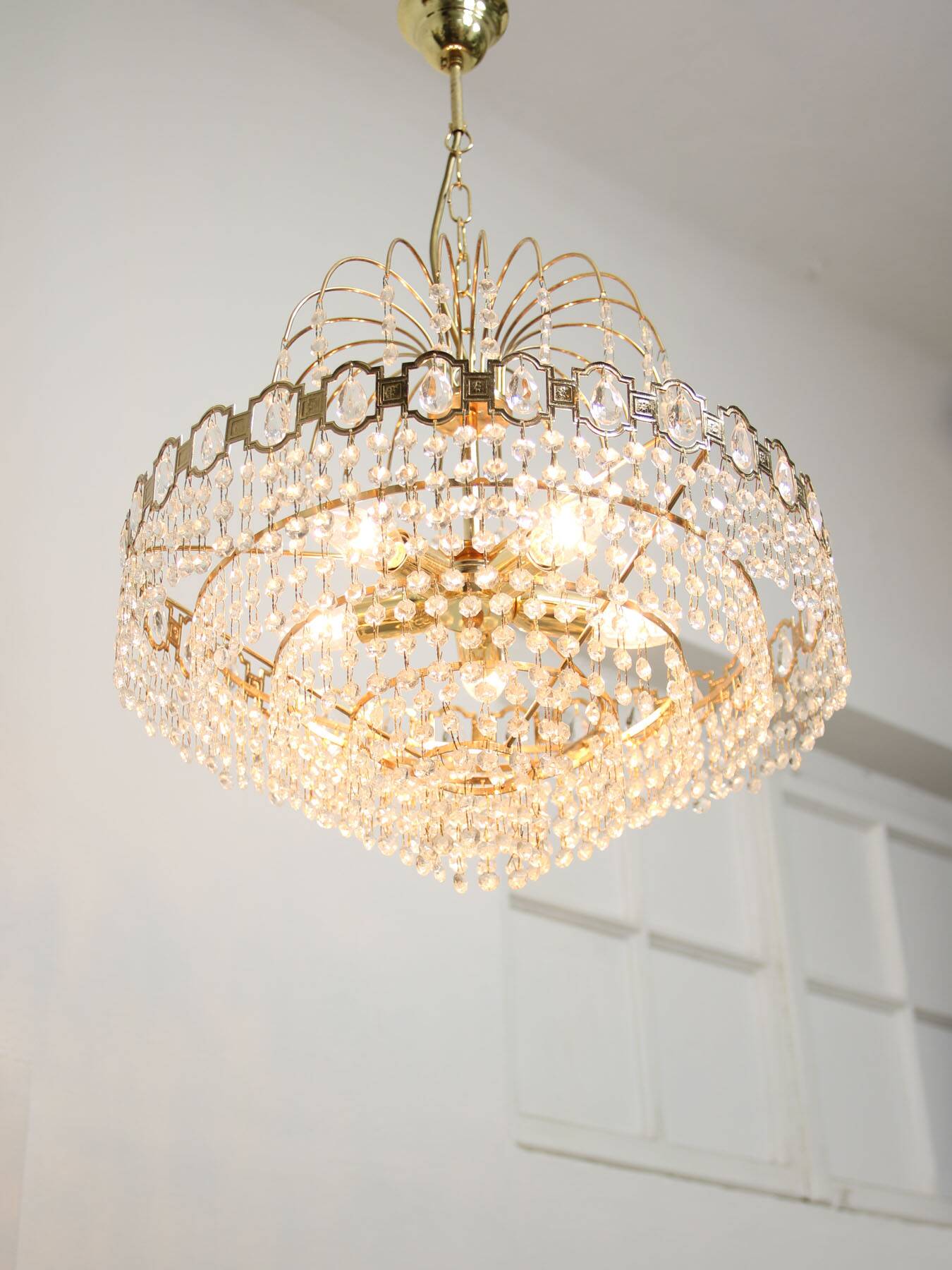 Vintage Italian Crystal and Golden Metal Chandelier, 80s