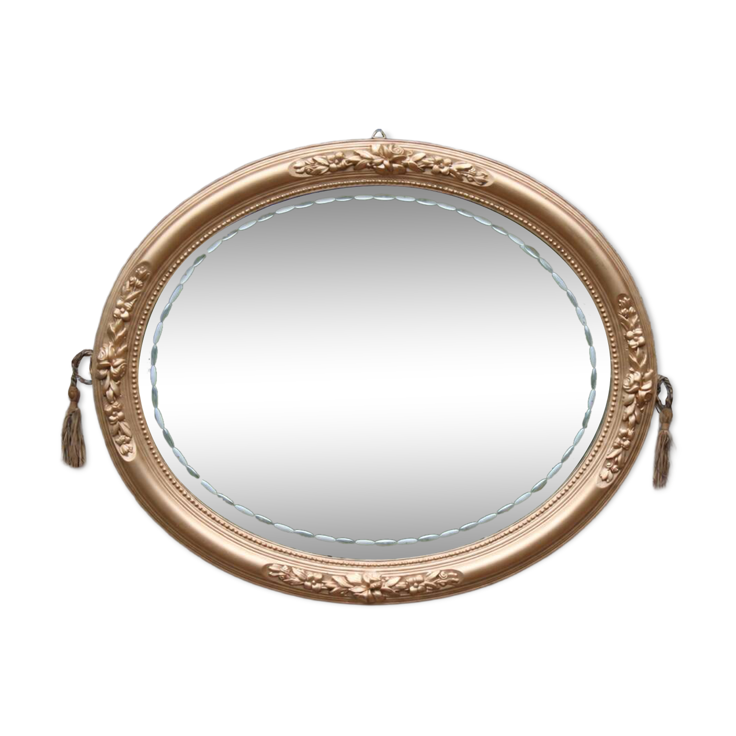 Miroir ovale vintage doré à décor floral et verre biseauté – 58 × 48 cm