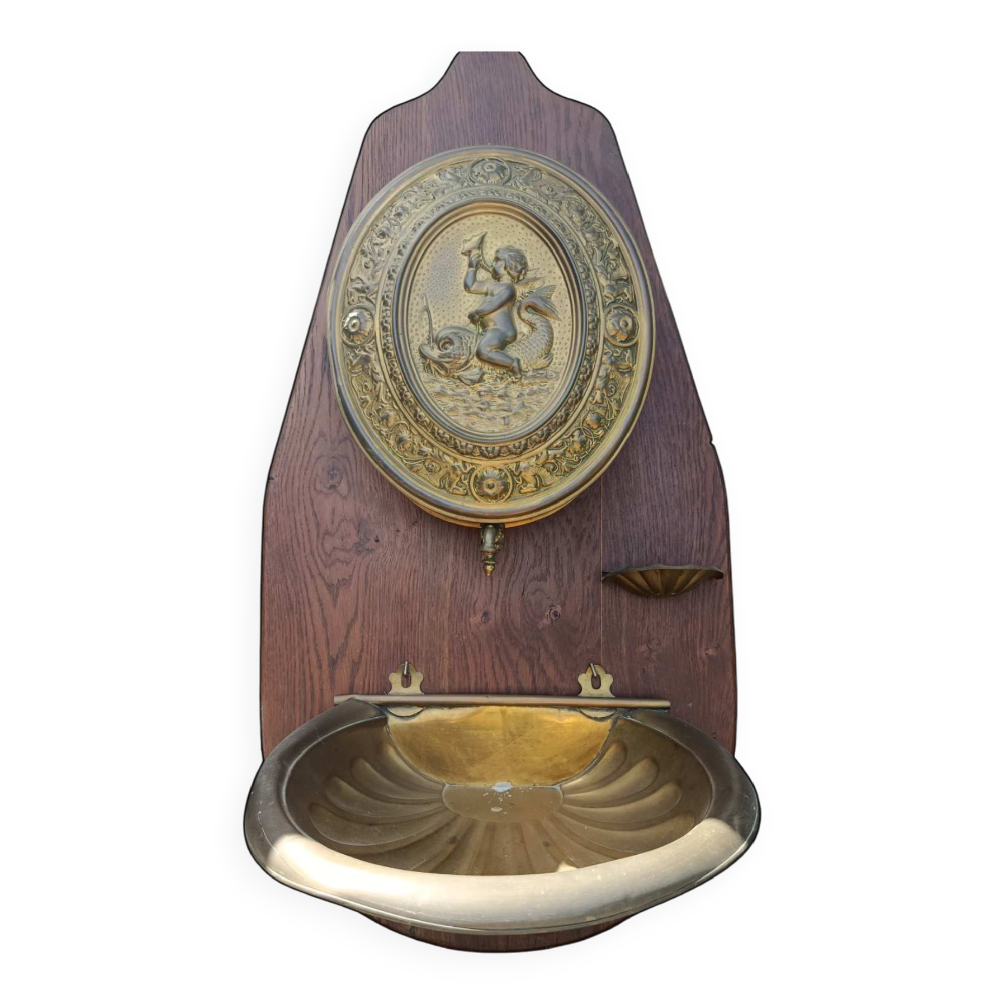 Antique wall-mounted washbasin in brass and wood – cherub decoration, 19th century style