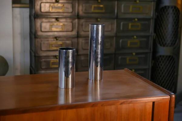 Pair of chrome-plated metal vases, 1960s