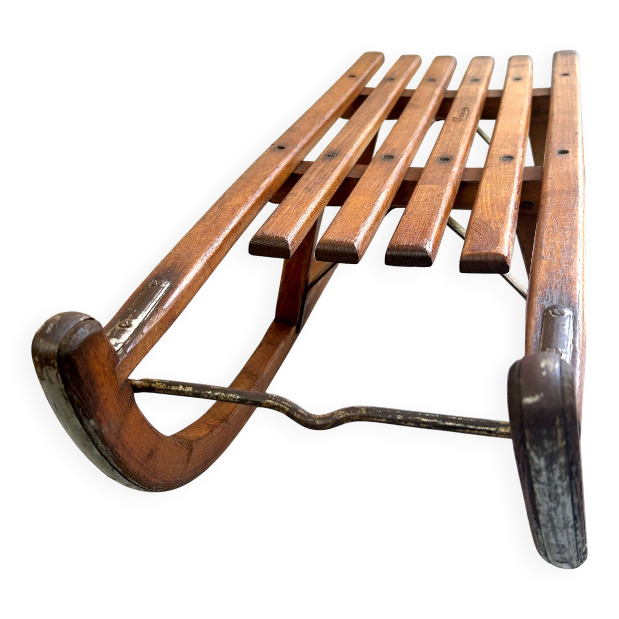 Luge ancienne en chêne et acier modèle Chamonix