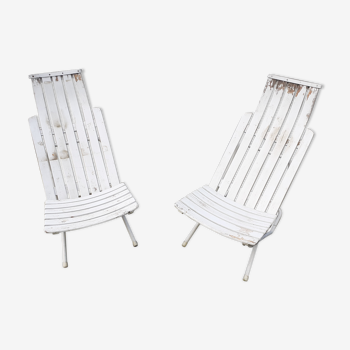 Pair of iron and old wood garden chairs