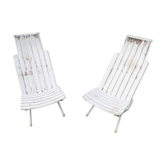 Pair of iron and old wood garden chairs