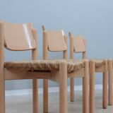 Vintage rustic dining chairs with straw seat 1970s