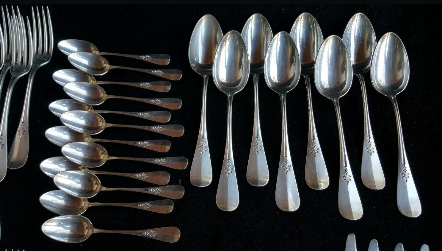 Cutlery set Alfenide Christofle 112 pieces goat's head punch white metal 1900