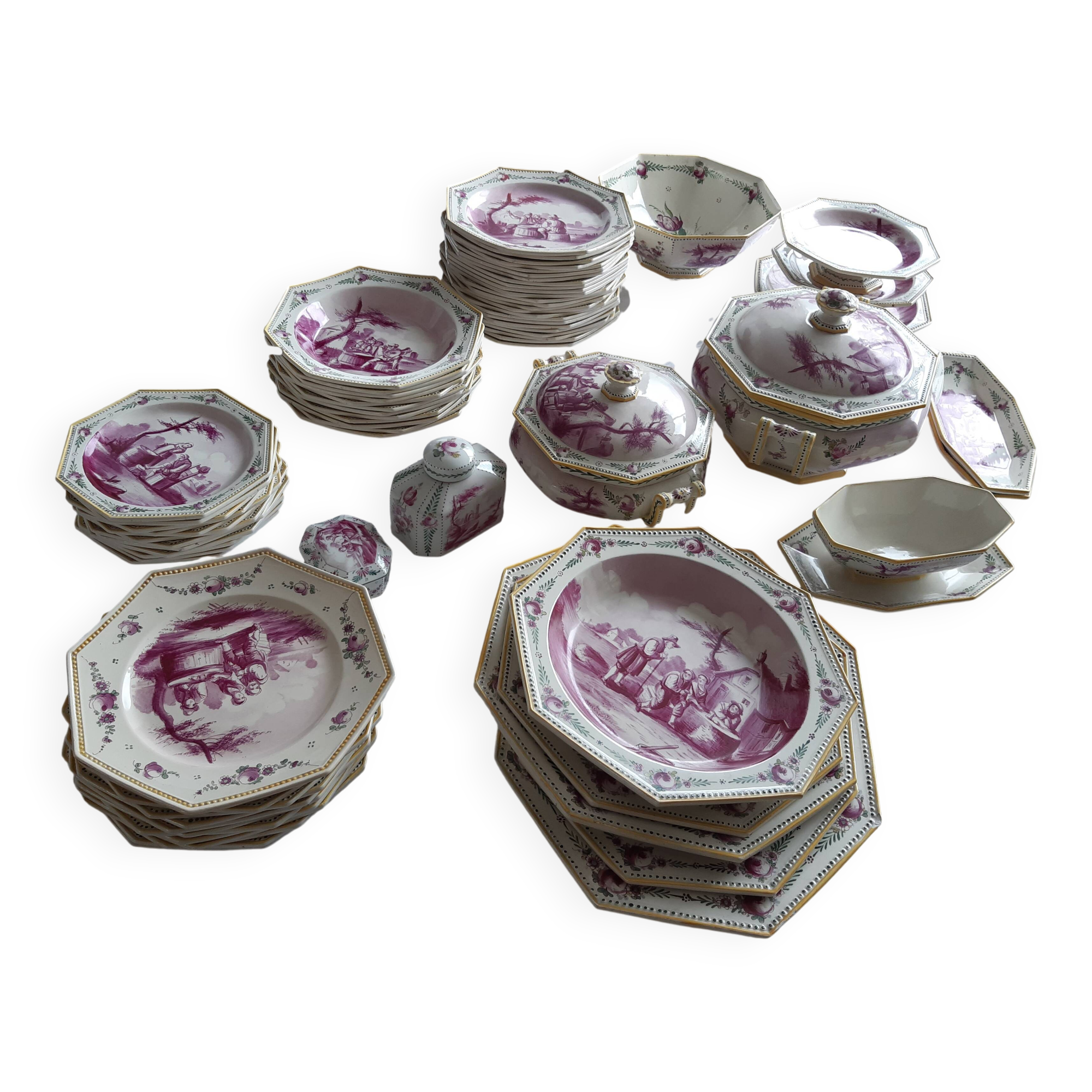 18th century antique hand-painted tableware set from Tournay