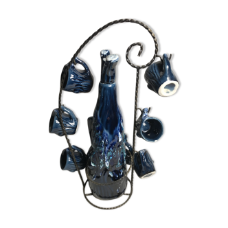 Service à liqueur bouteille + 8 tasses céramique bleu + support métal