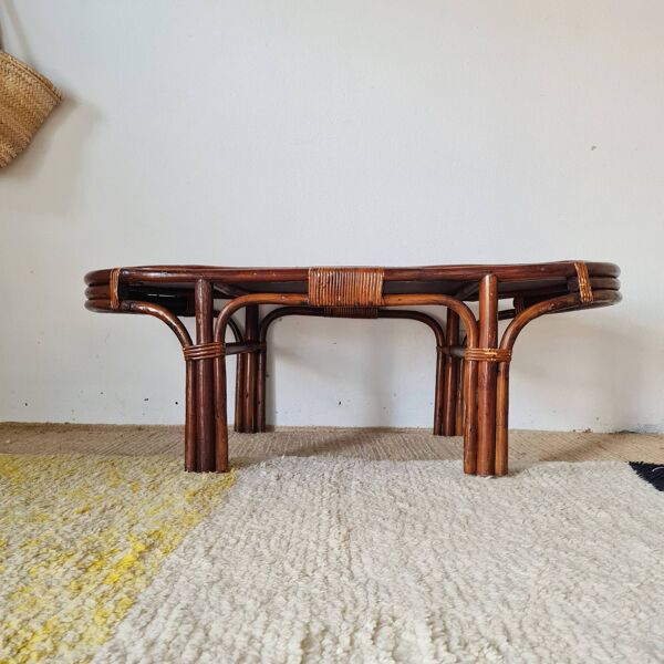 Grande table basse ancienne en rotin et cannage – Esprit bohème