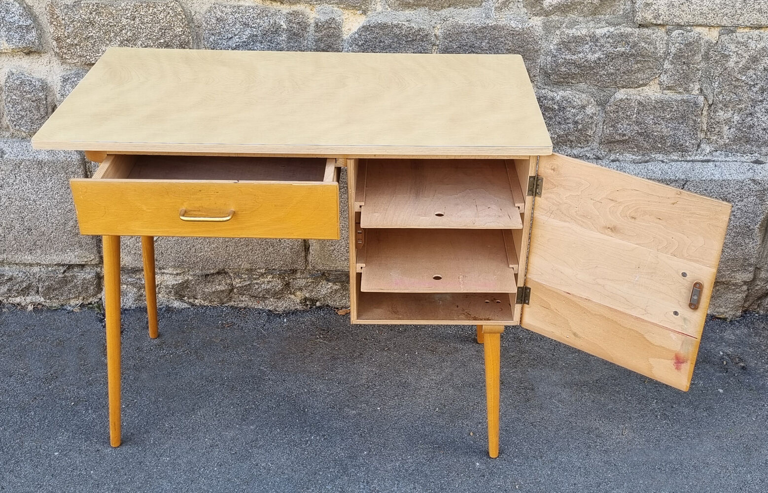 Wood and formica desk, compass feet, vintage, 70s