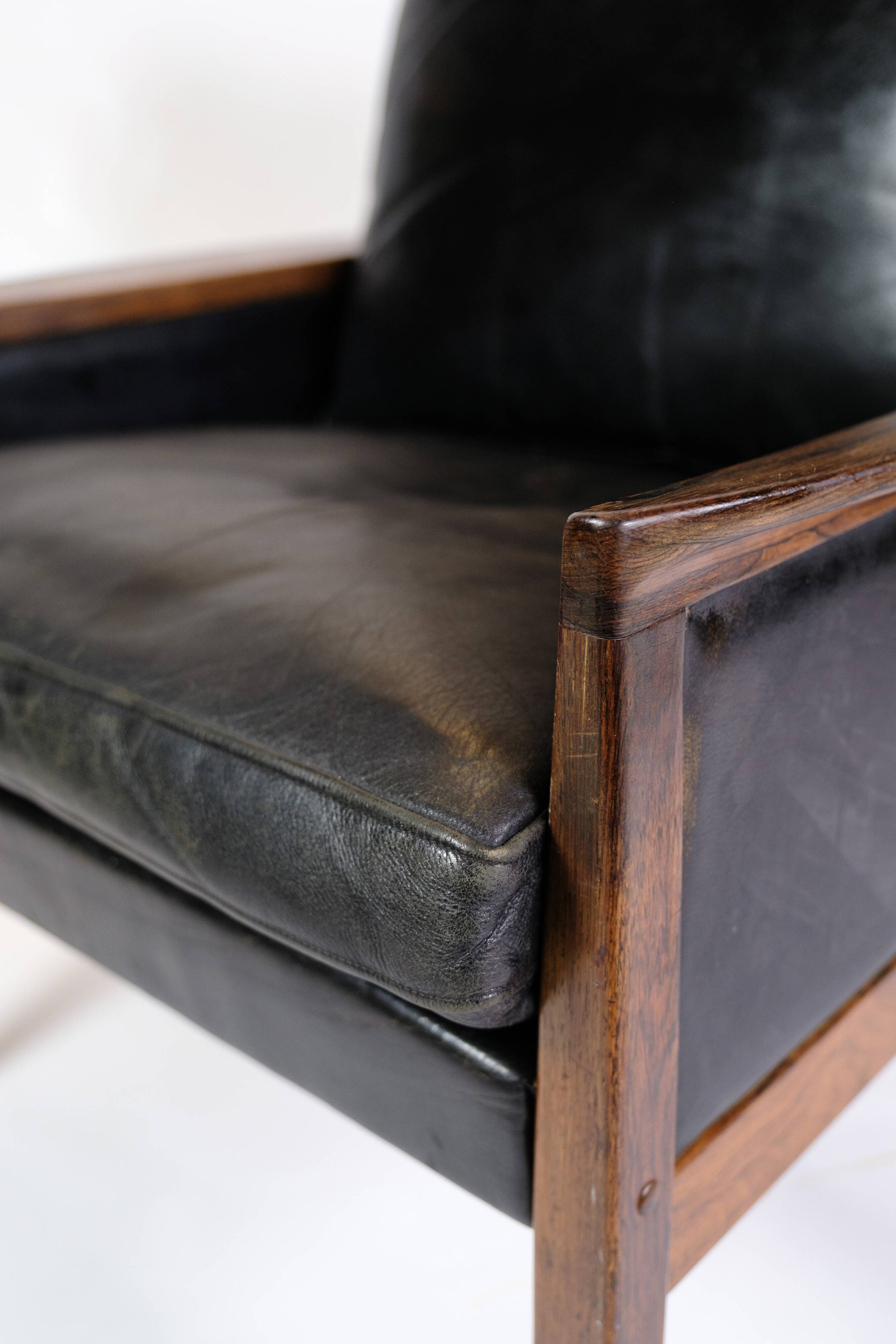 Armchair Made In Rosewood & Black Leather Cushions By Hans Olsen From 1960s