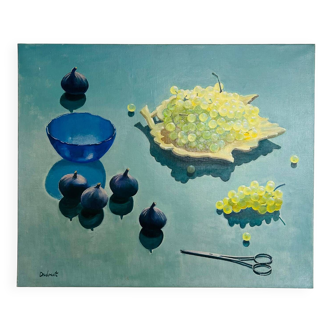Large painting of white grapes and figs