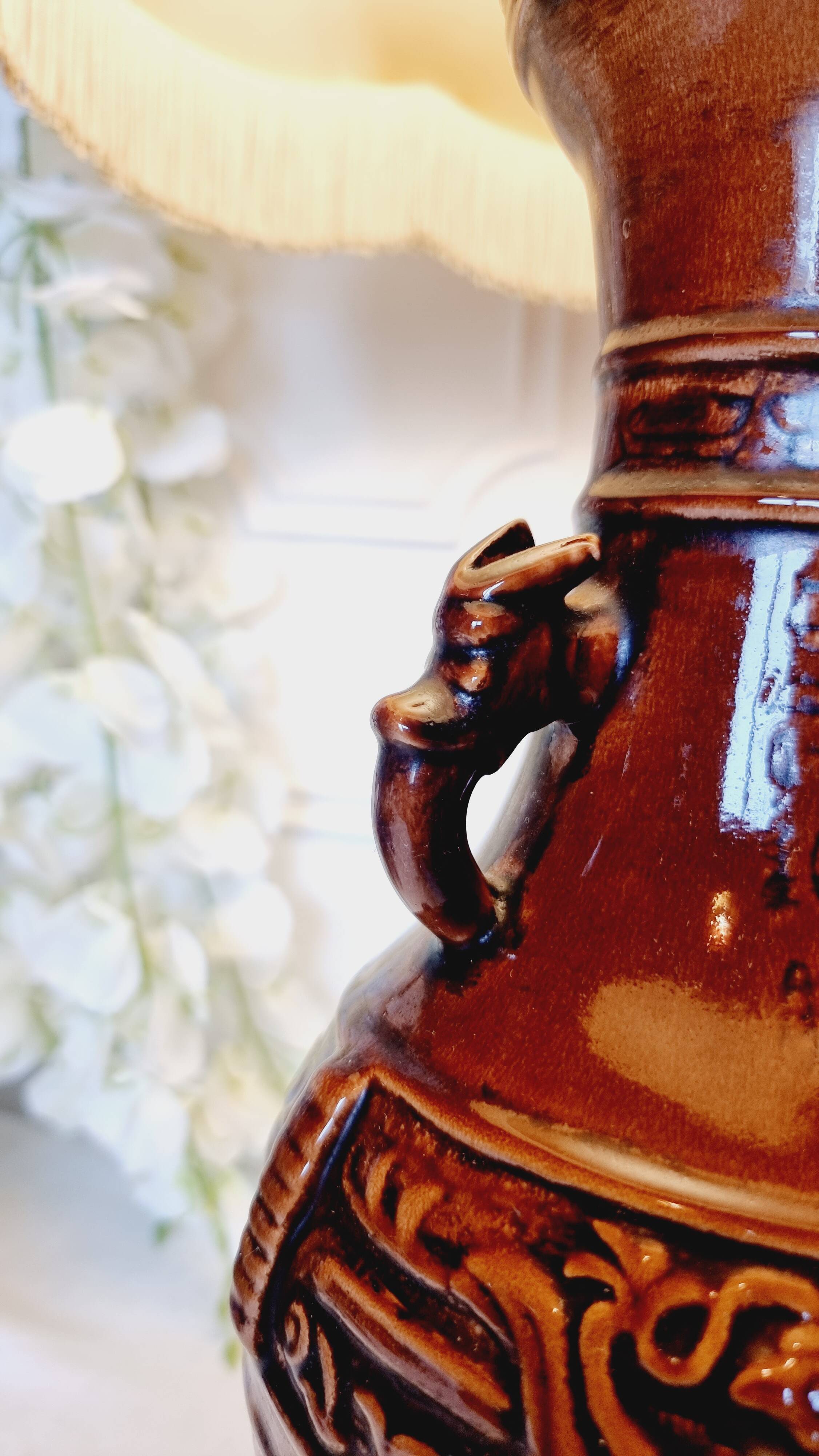 Large vintage table lamp in glazed ceramic, Oriental style 50s-60s.