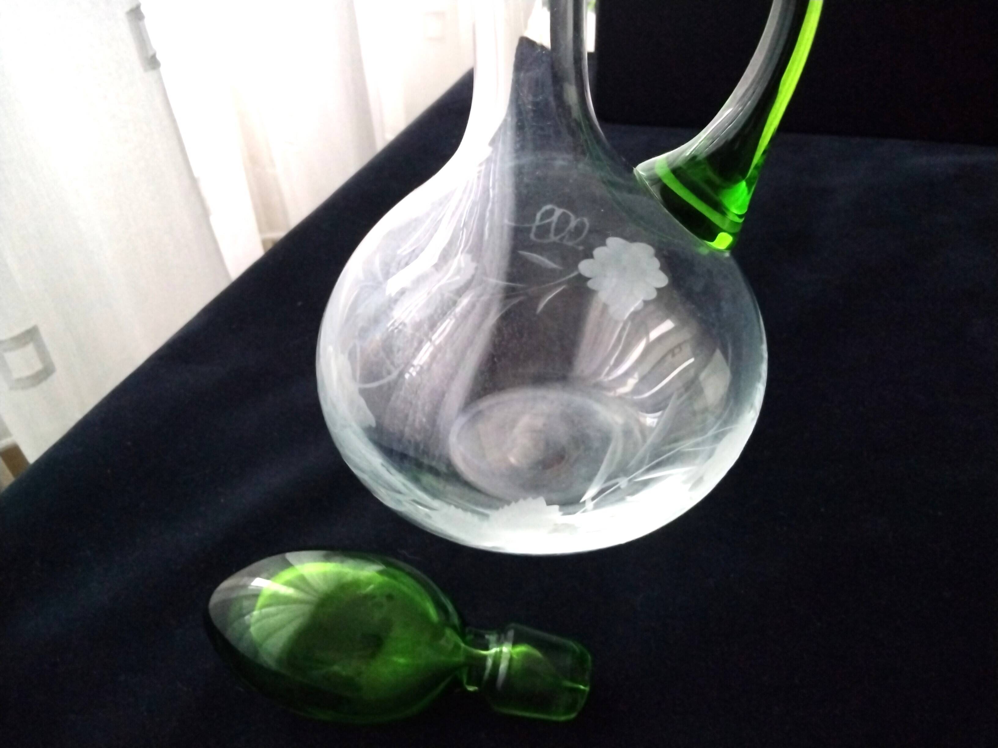 Blown glass wine carafe with engraved decoration