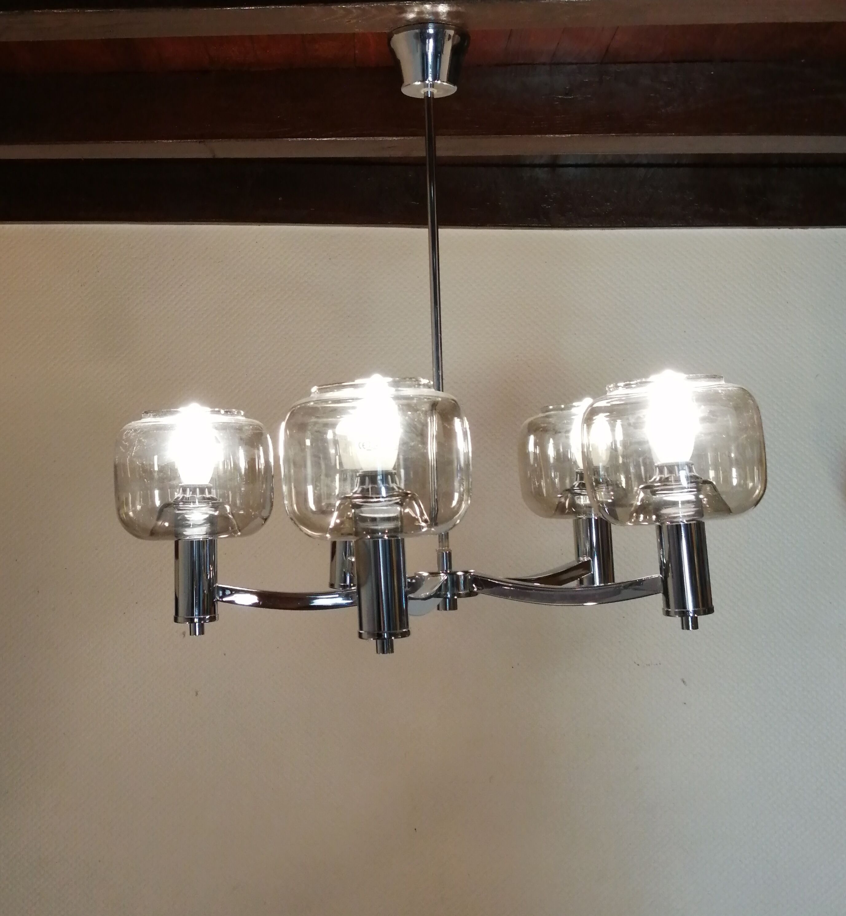 5-spoke chromed metal chandelier and smoked glass globes from Maison See Delmas 1970 vintage