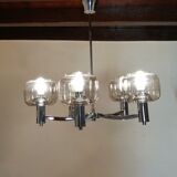 5-spoke chromed metal chandelier and smoked glass globes from Maison See Delmas 1970 vintage