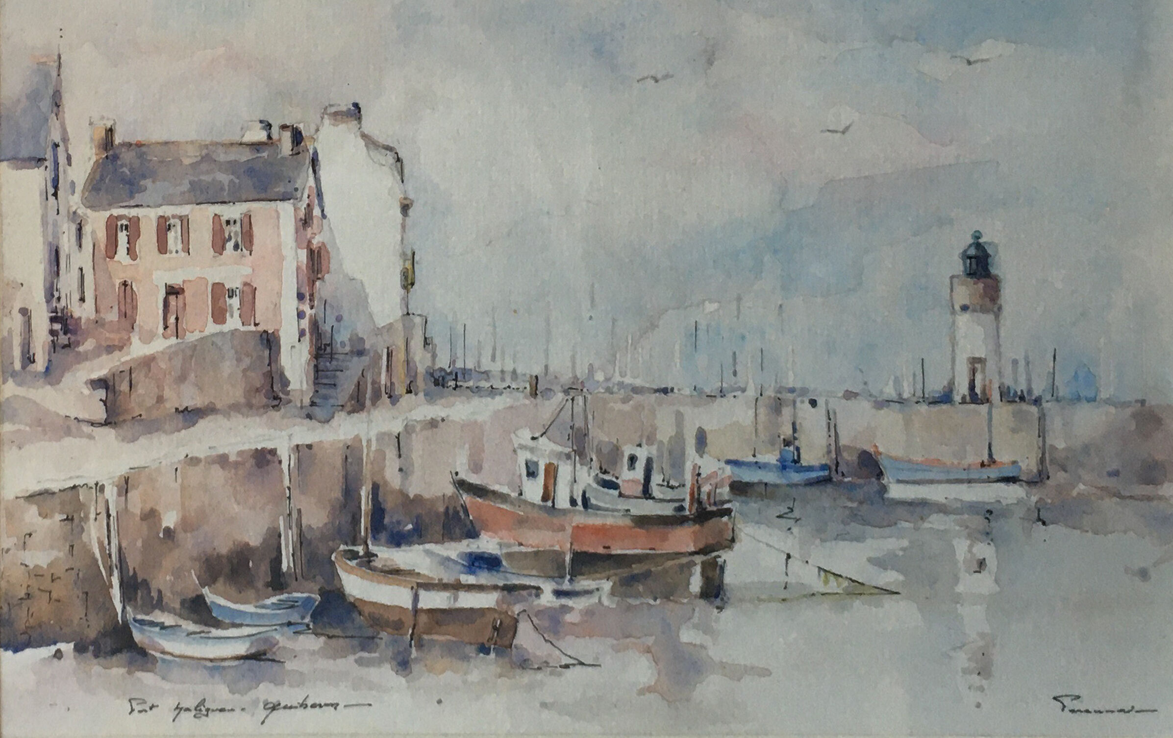 Beautiful Painting Watercolor Port Haliguen Quiberon signed