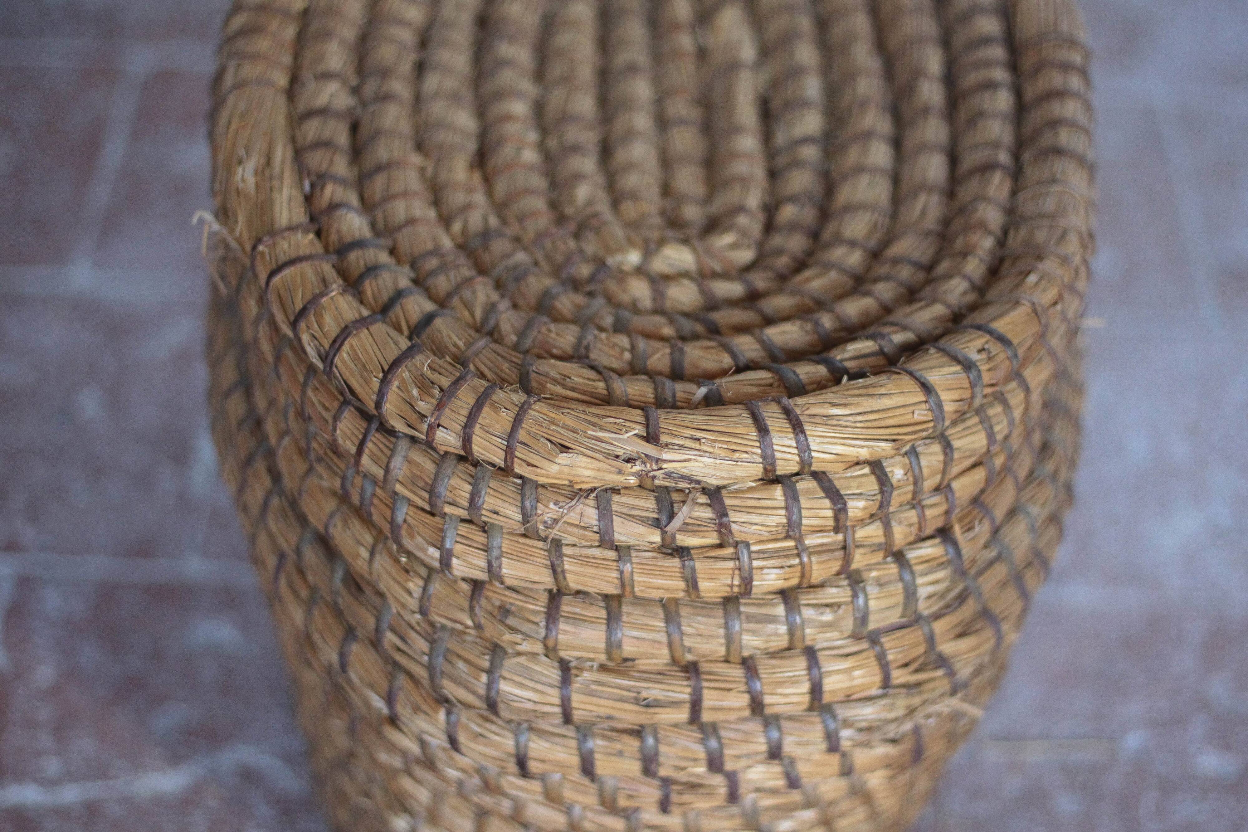 Antique basket, straw and bramble, woven basket with lid
