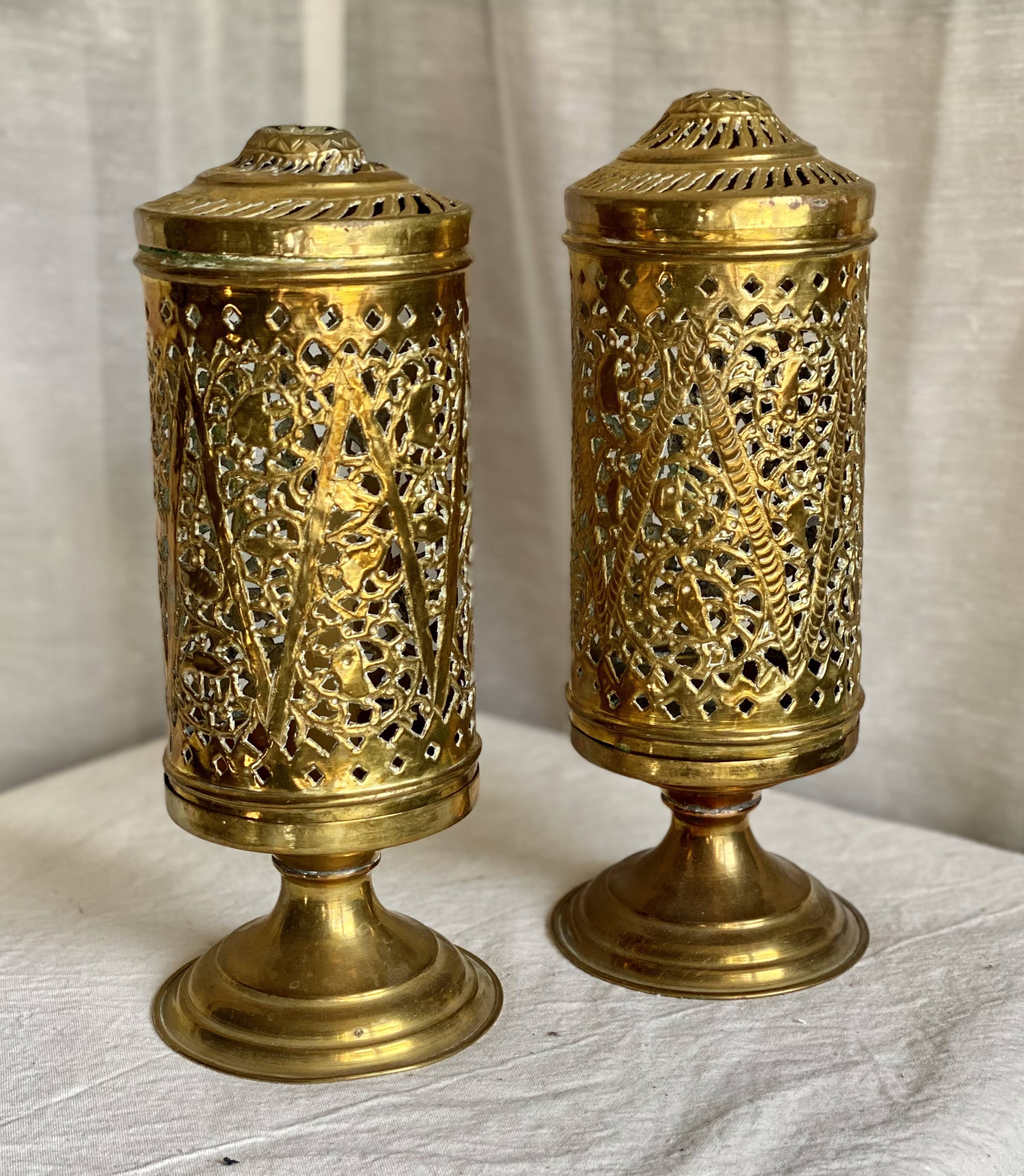 Pair of vintage openwork copper tealight candle holders
