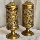 Pair of vintage openwork copper tealight candle holders