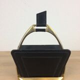 Porte lettres Longchamp en cuir noir et métal doré, années 50