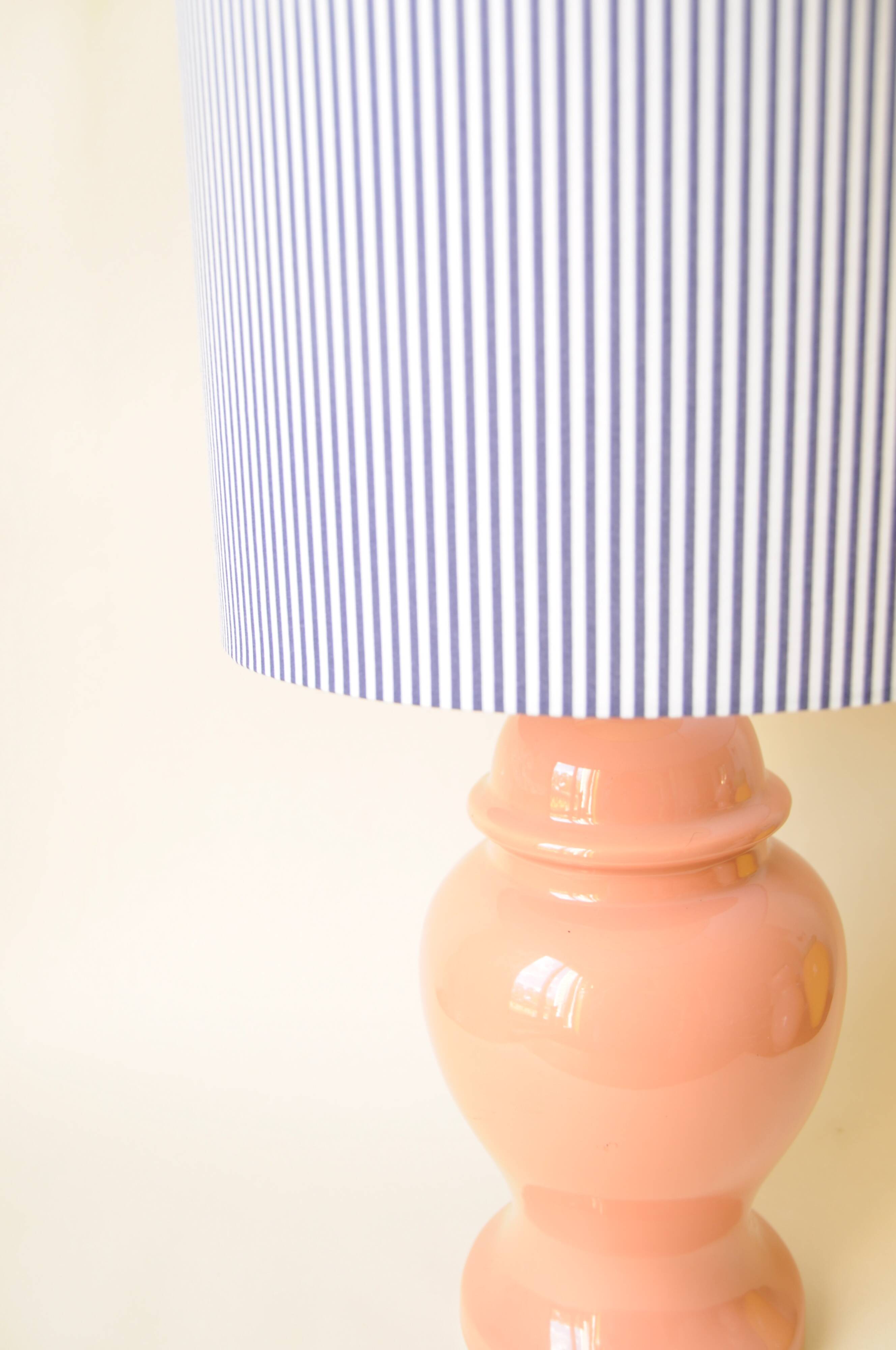 Decorative pink ceramic vase lamp - blue and white striped shade