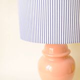 Decorative pink ceramic vase lamp - blue and white striped shade