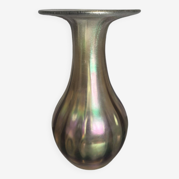 Iridescent glass carafe in the style of Loetz