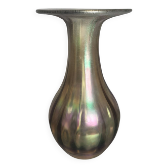 Iridescent glass carafe in the style of Loetz