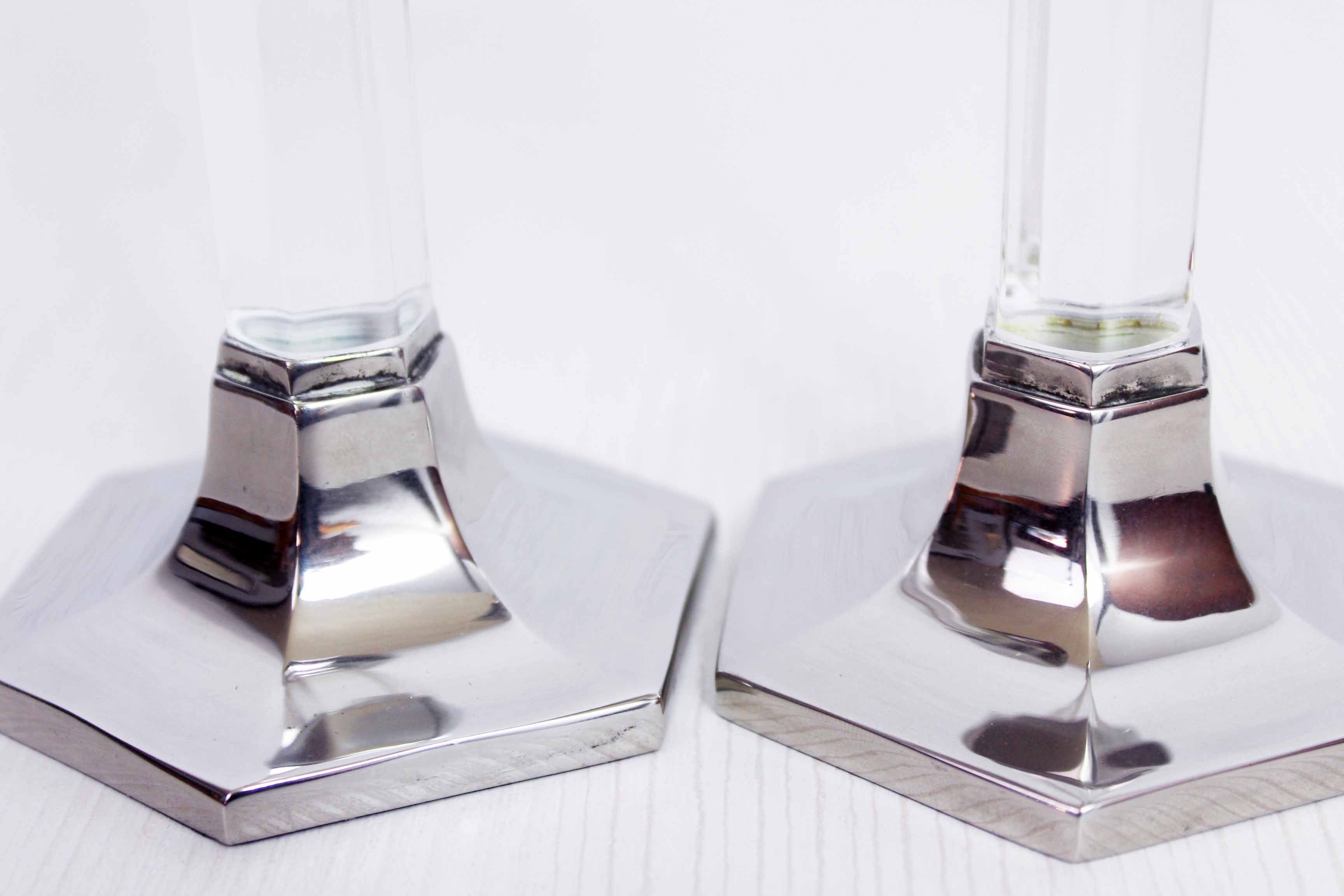 Duo of candlesticks in lucite and silver metal