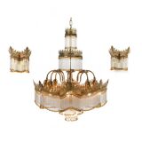 Gilt bronze chandelier with tassels with matching sconces
