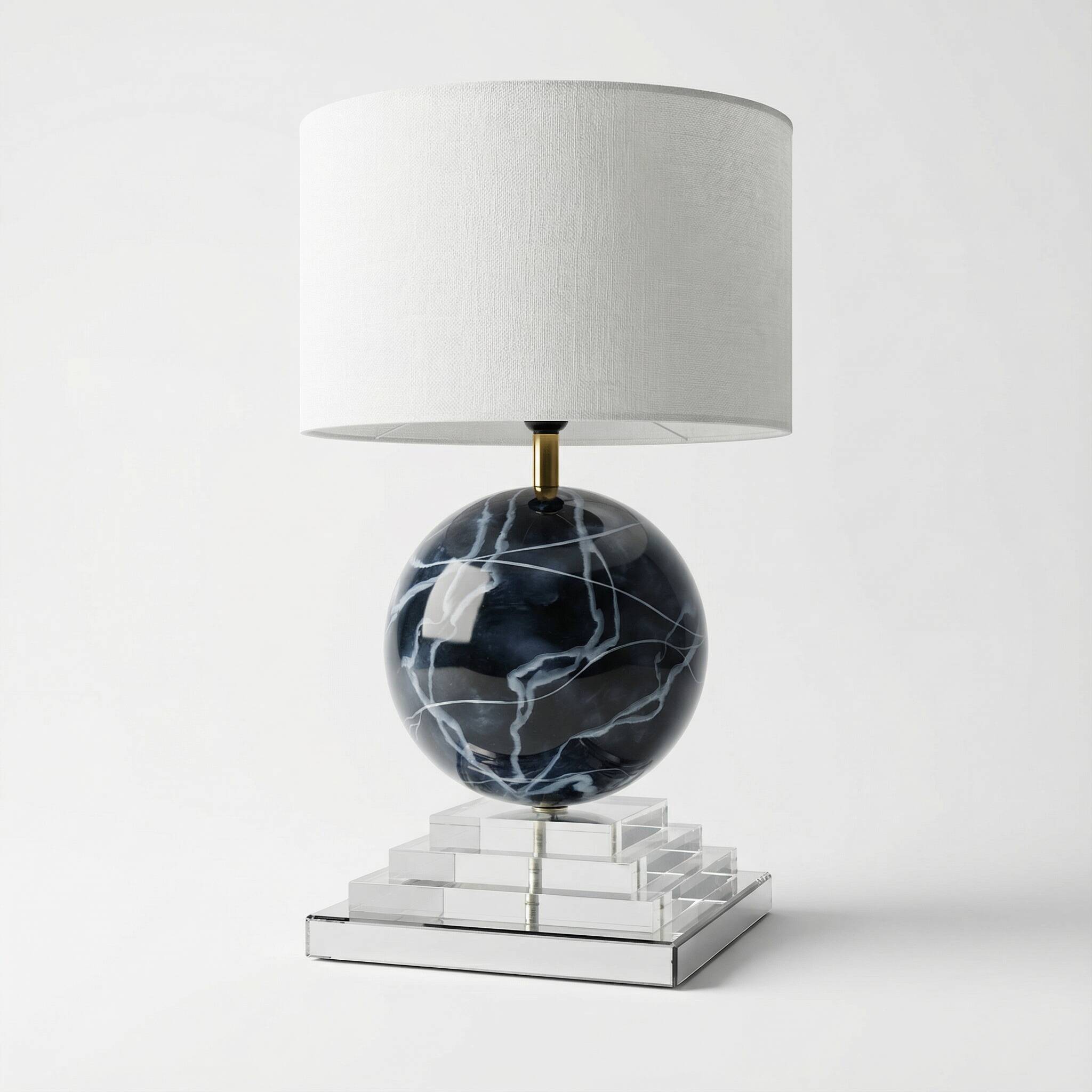 Architectural Stepped Lucite Lamp with Faux Marble Glass Sphere 1970s