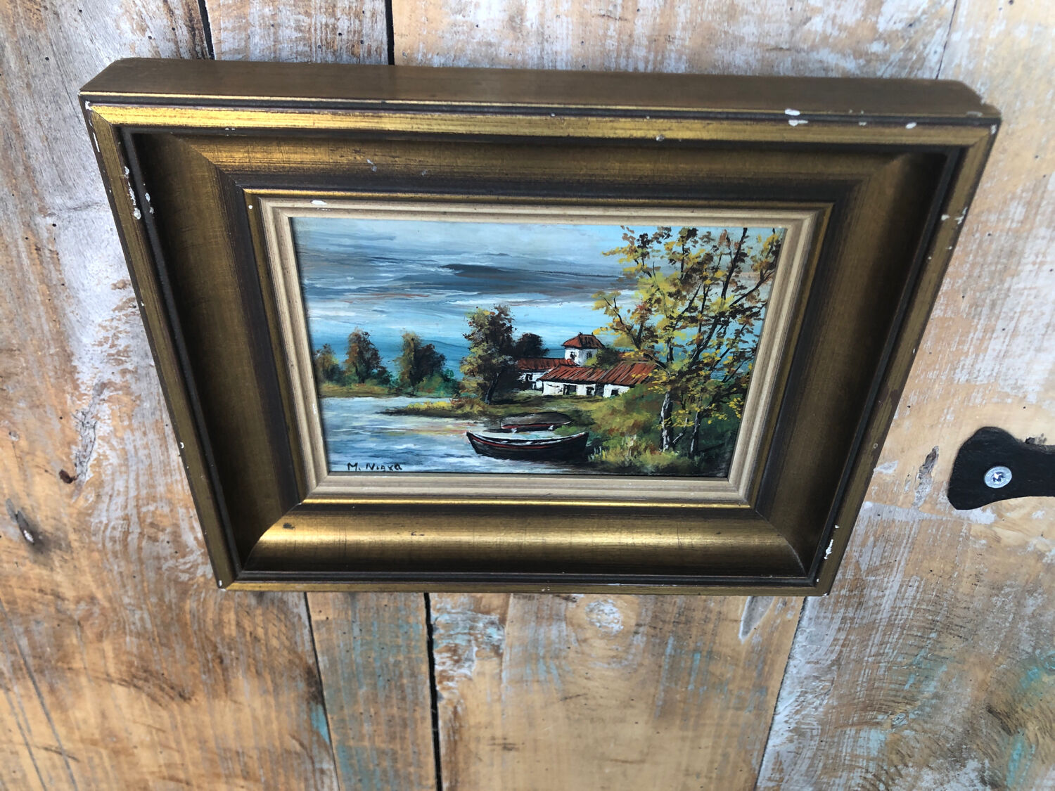 Oil painting on panel M. NIAVEL View house by river + gilded frame #A214