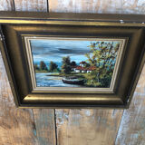 Tableau Huile Sur Panneau M. NIAVEL Vue Maison Bord Rivière + Cadre Doré #A214