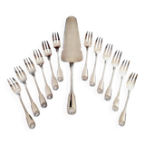 Coffret à Gâteaux Vintage avec 12 Fourchettes et 1 Pelle en Métal Argenté à Décor de Coquille
