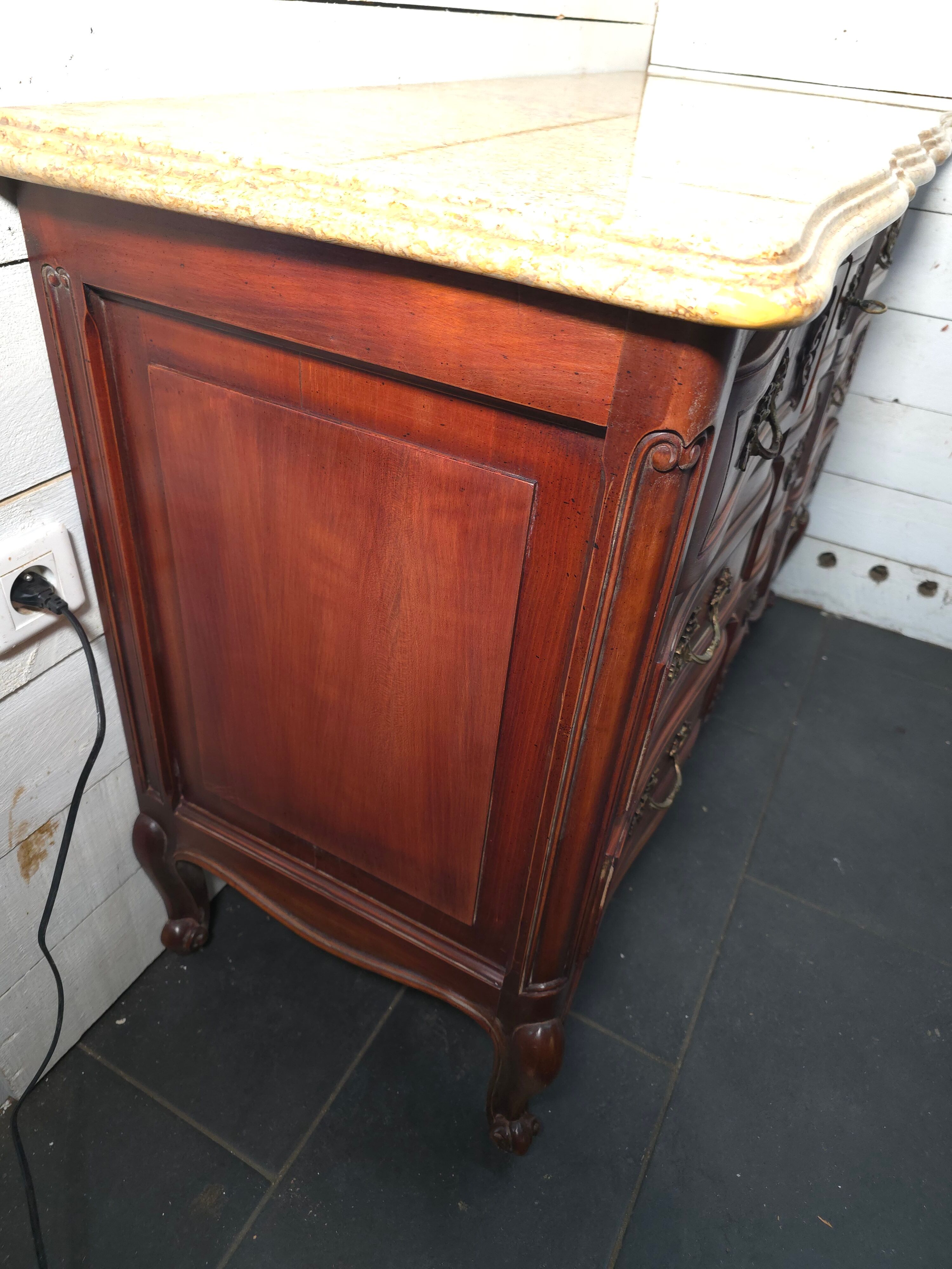 Crossbow commode in solid cherry wood, Louis XV style with marble top.