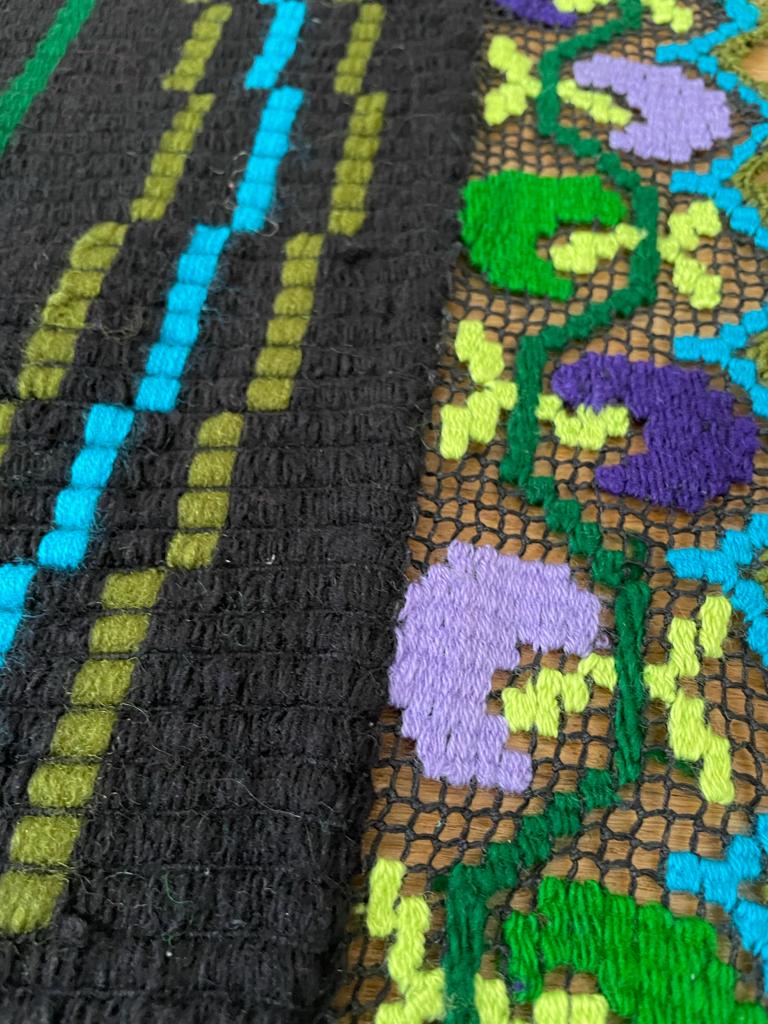 Floral handmade vintage rug, purple floral design with crochet border 145x174cm