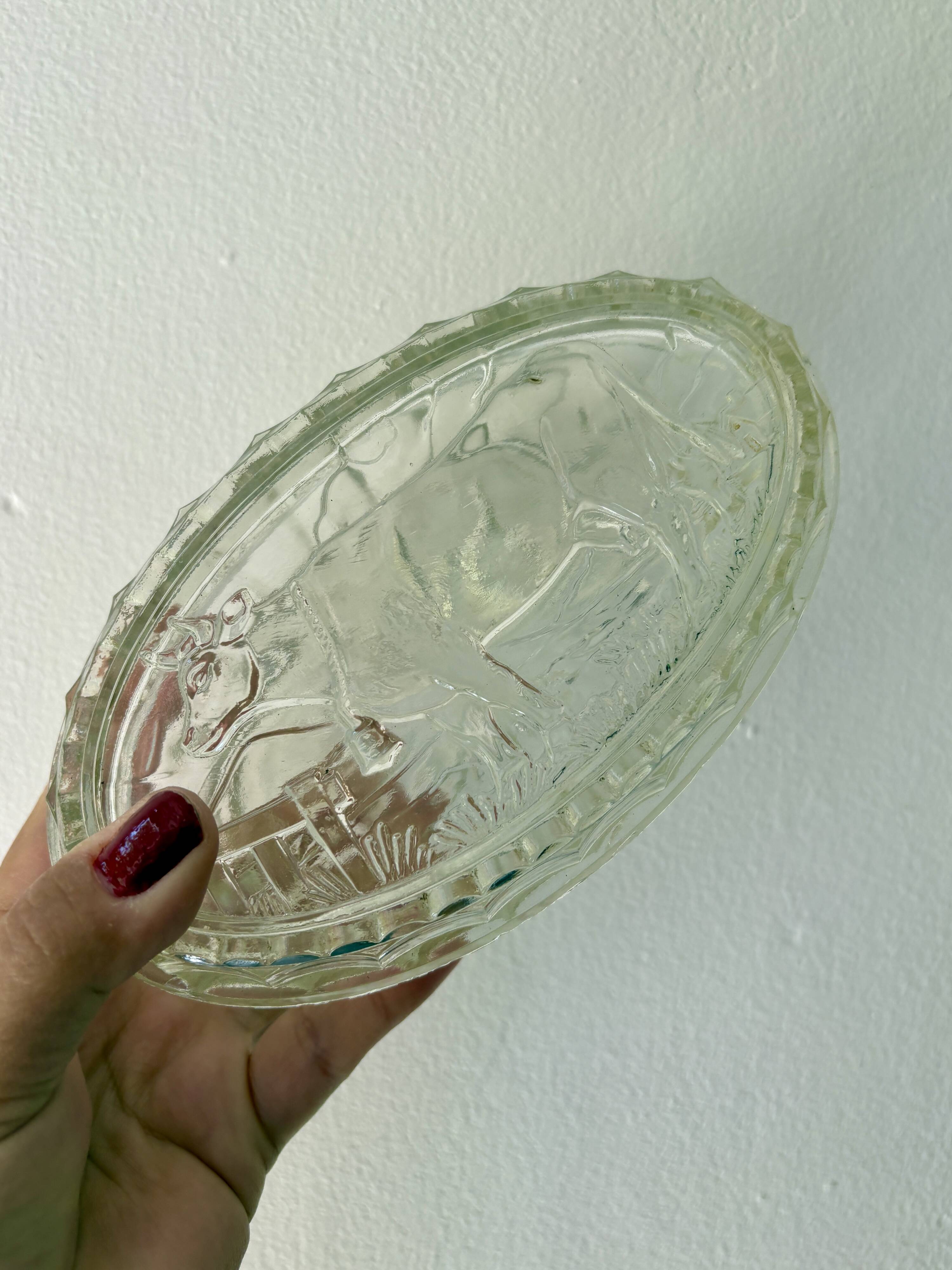 Vintage glass butter dish with cow decorations