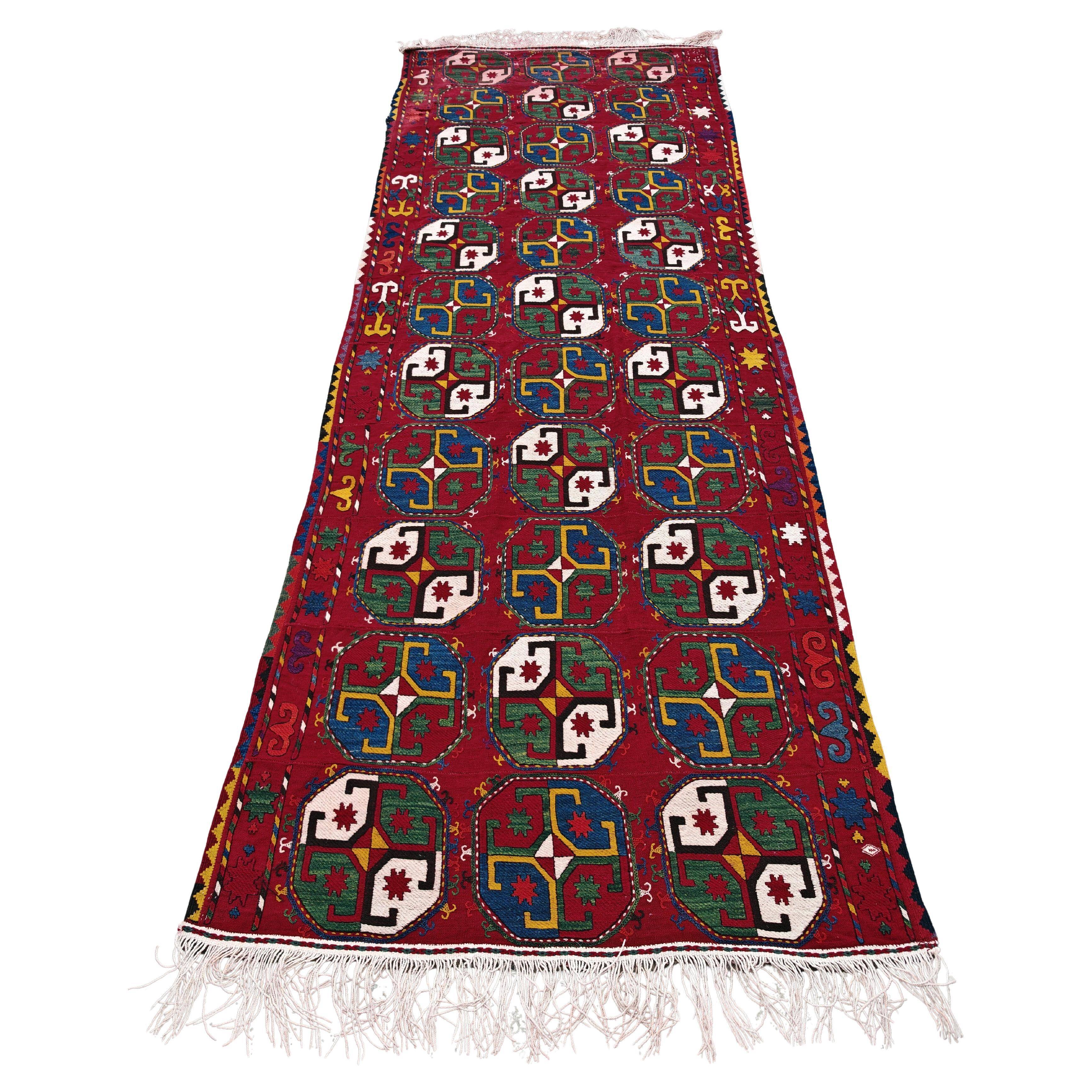 Ancient Uzbek Carpet Mixed Technique Flat Woven, Early 20th Century